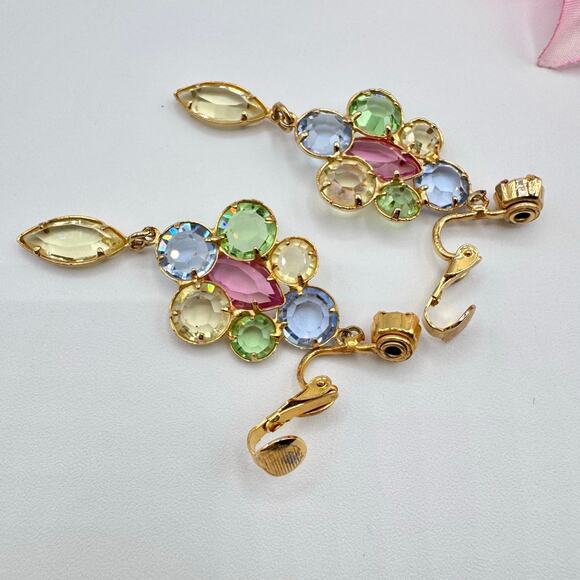 Vintage Austrian Crystal Clip On Earrings Pastel Ethereal Spring Fairycore Long - Picture 12 of 16